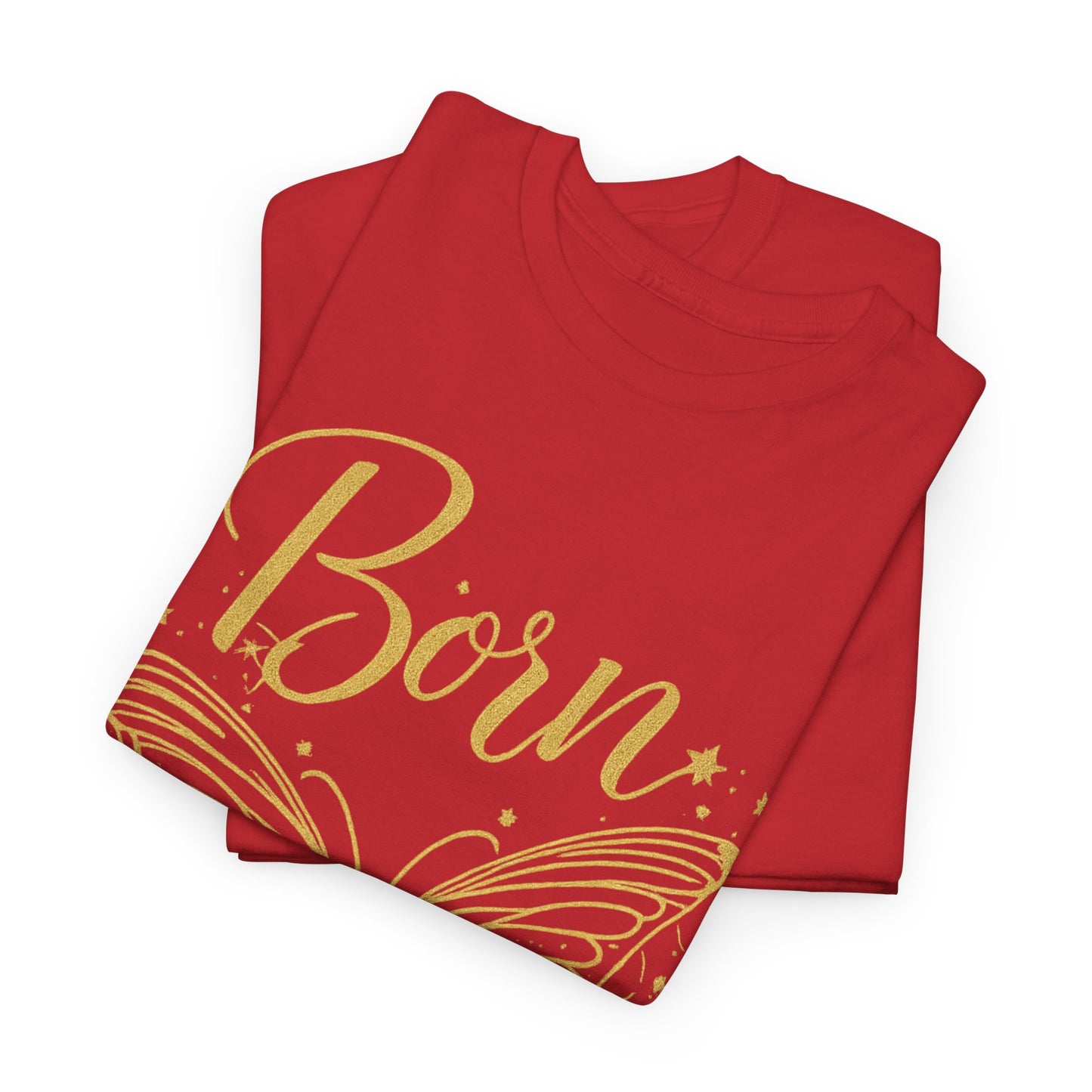 „Born to Shine“ T-Shirt – Damen Shirt mit goldfarbenem Schmetterling & handgeschriebenem Schriftzug
