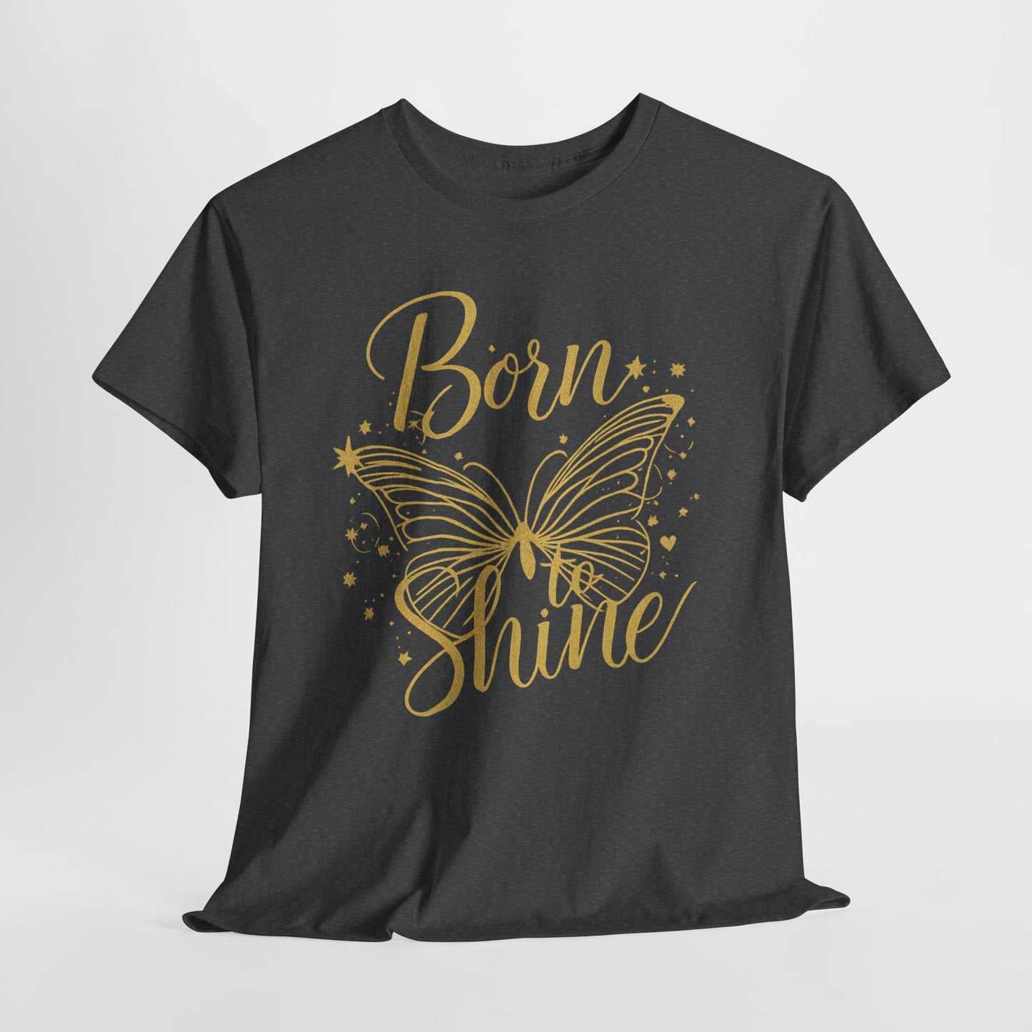 „Born to Shine“ T-Shirt – Damen Shirt mit goldfarbenem Schmetterling & handgeschriebenem Schriftzug