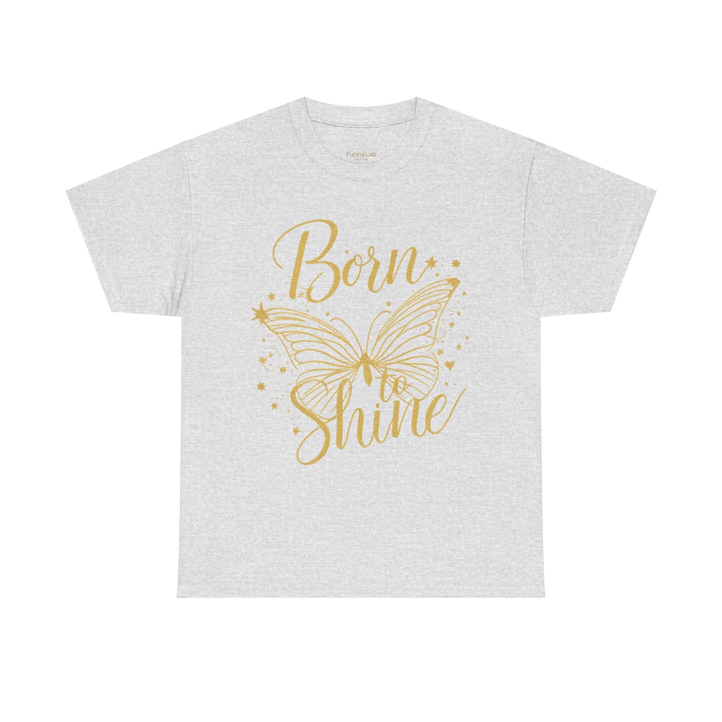 „Born to Shine“ T-Shirt – Damen Shirt mit goldfarbenem Schmetterling & handgeschriebenem Schriftzug