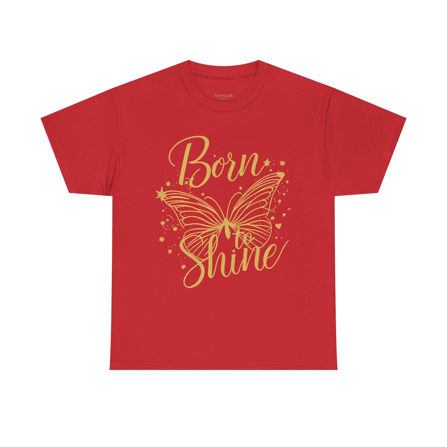 „Born to Shine“ T-Shirt – Damen Shirt mit goldfarbenem Schmetterling & handgeschriebenem Schriftzug
