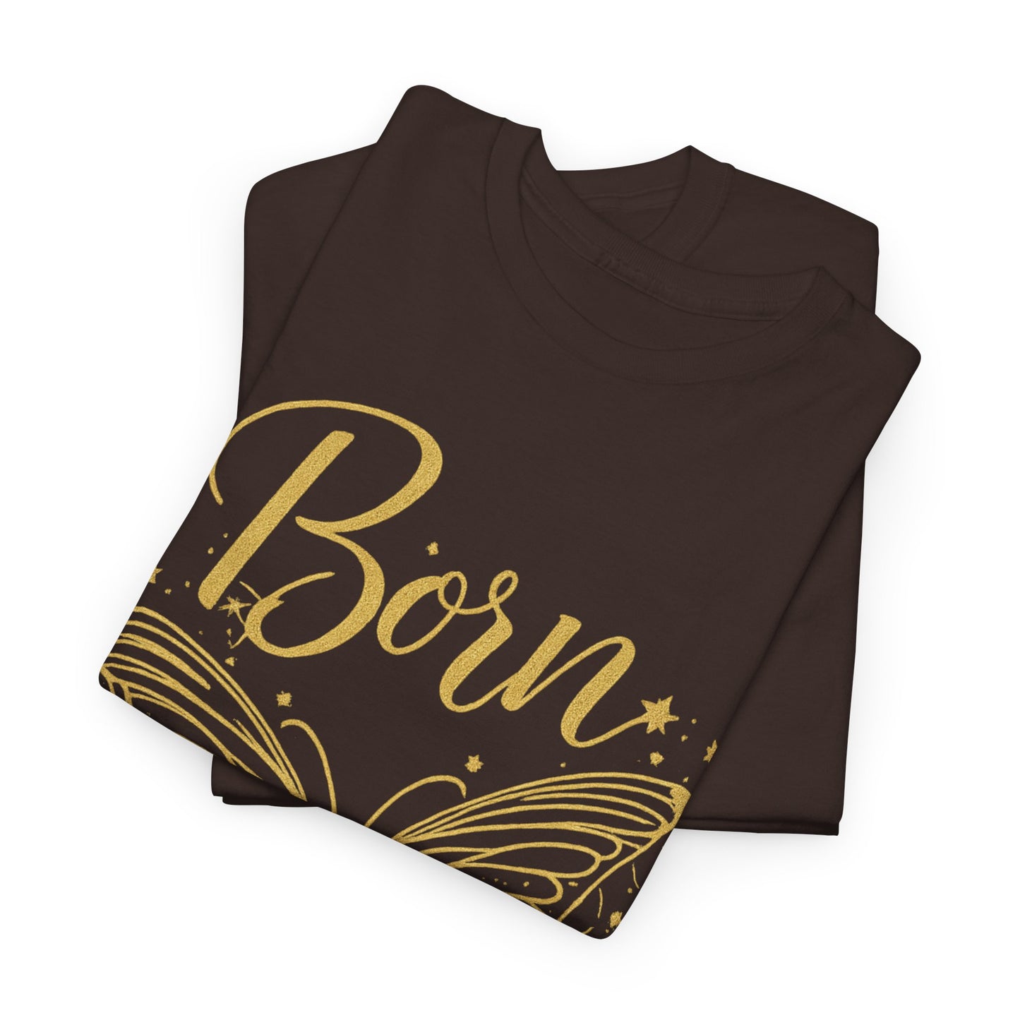 „Born to Shine“ T-Shirt – Damen Shirt mit goldfarbenem Schmetterling & handgeschriebenem Schriftzug