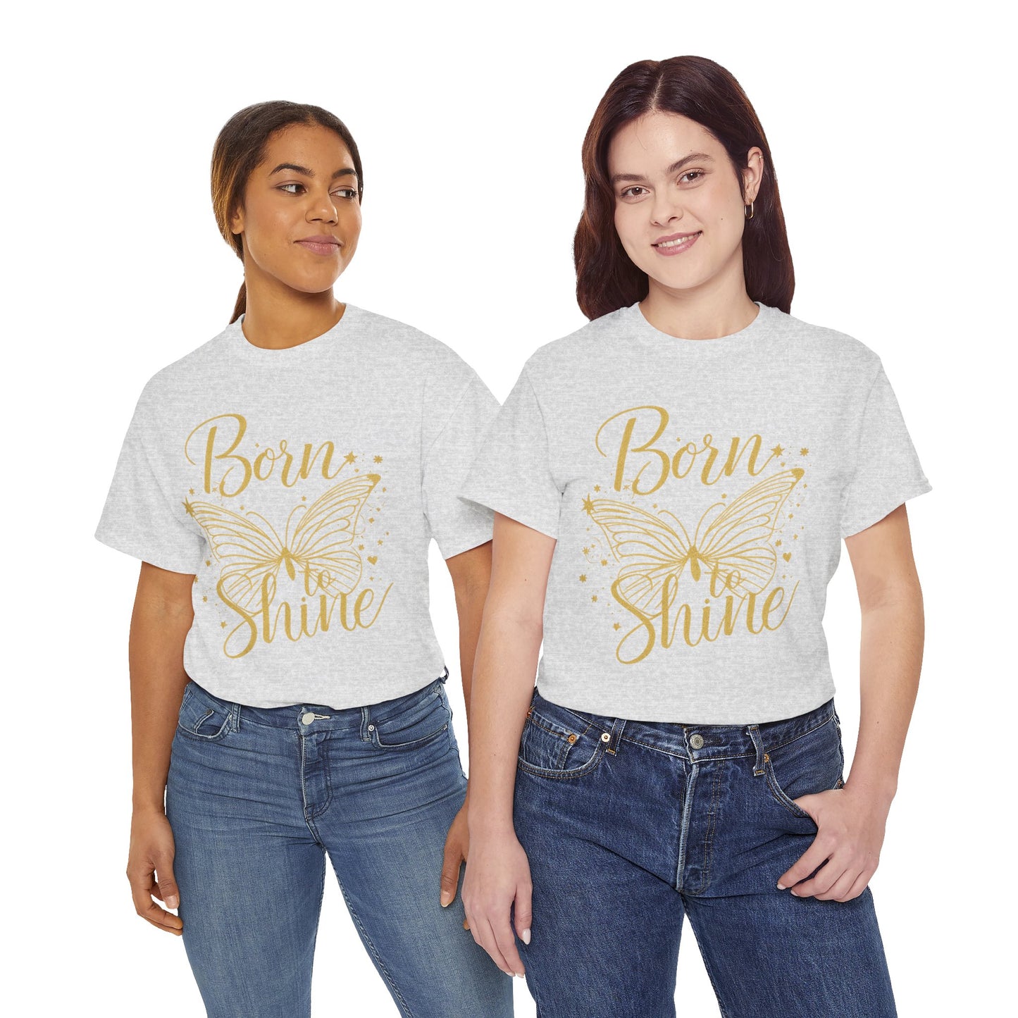 „Born to Shine“ T-Shirt – Damen Shirt mit goldfarbenem Schmetterling & handgeschriebenem Schriftzug