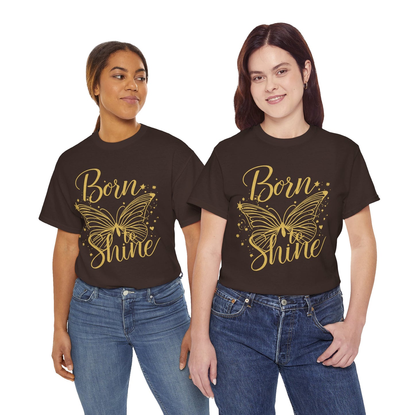 „Born to Shine“ T-Shirt – Damen Shirt mit goldfarbenem Schmetterling & handgeschriebenem Schriftzug
