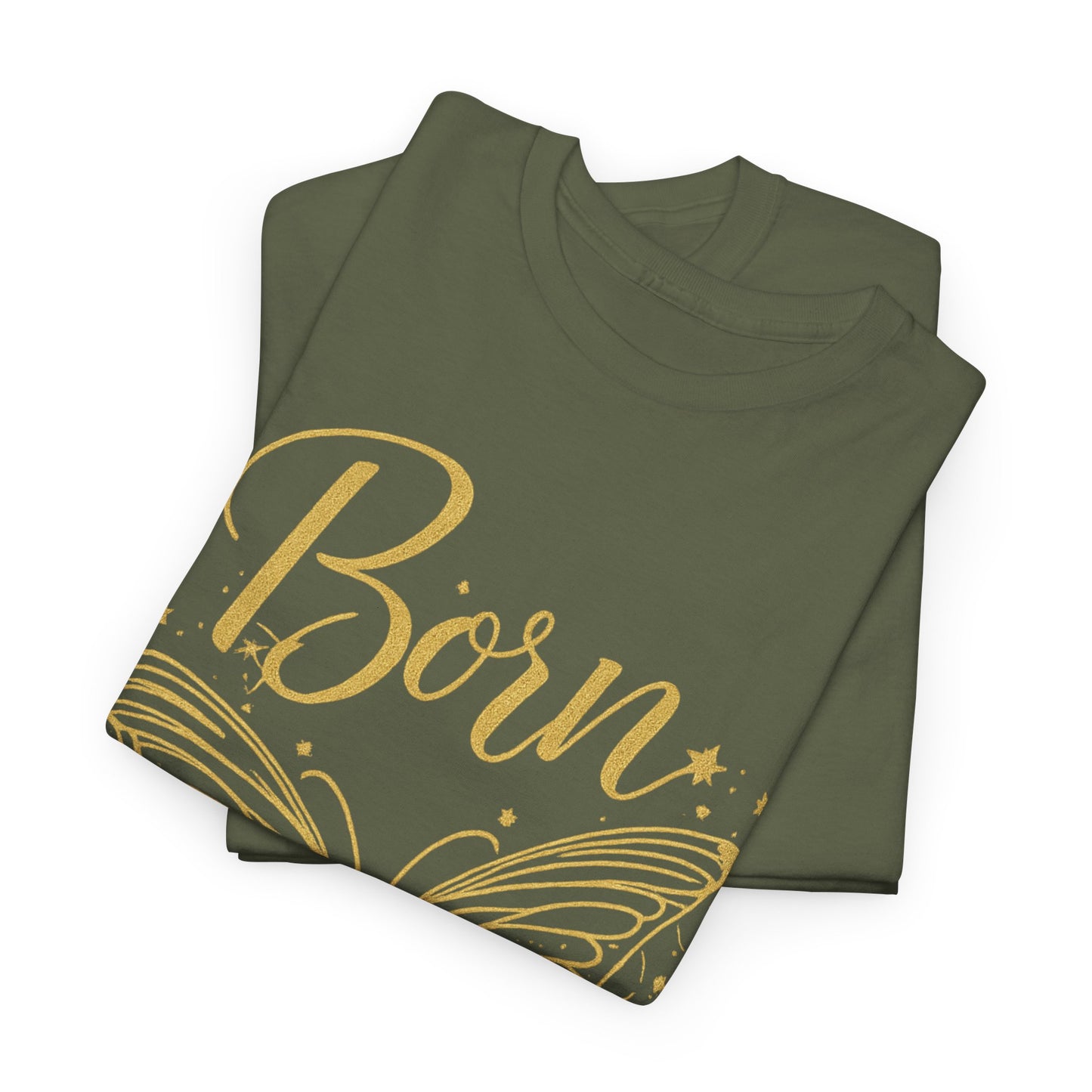 „Born to Shine“ T-Shirt – Damen Shirt mit goldfarbenem Schmetterling & handgeschriebenem Schriftzug