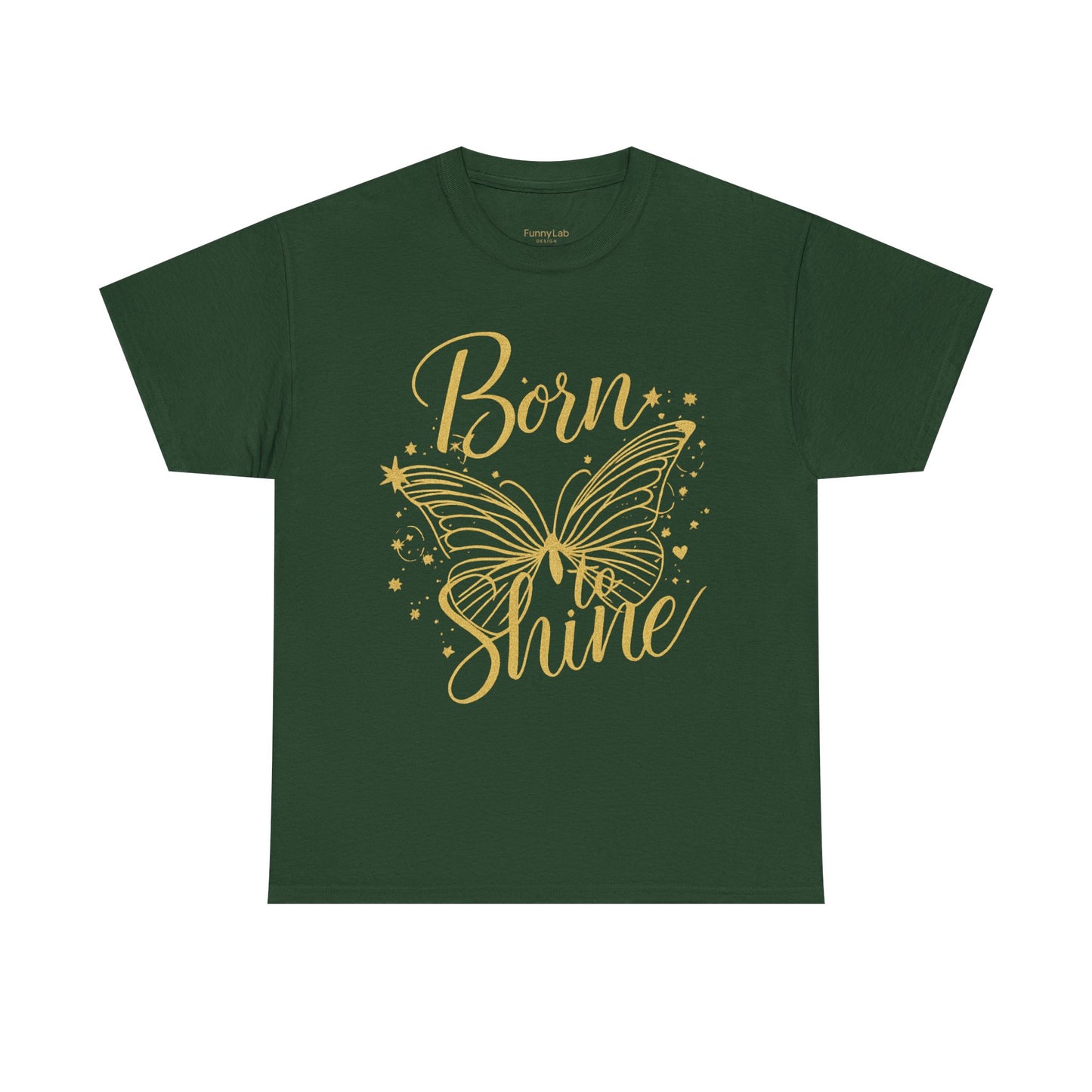 „Born to Shine“ T-Shirt – Damen Shirt mit goldfarbenem Schmetterling & handgeschriebenem Schriftzug