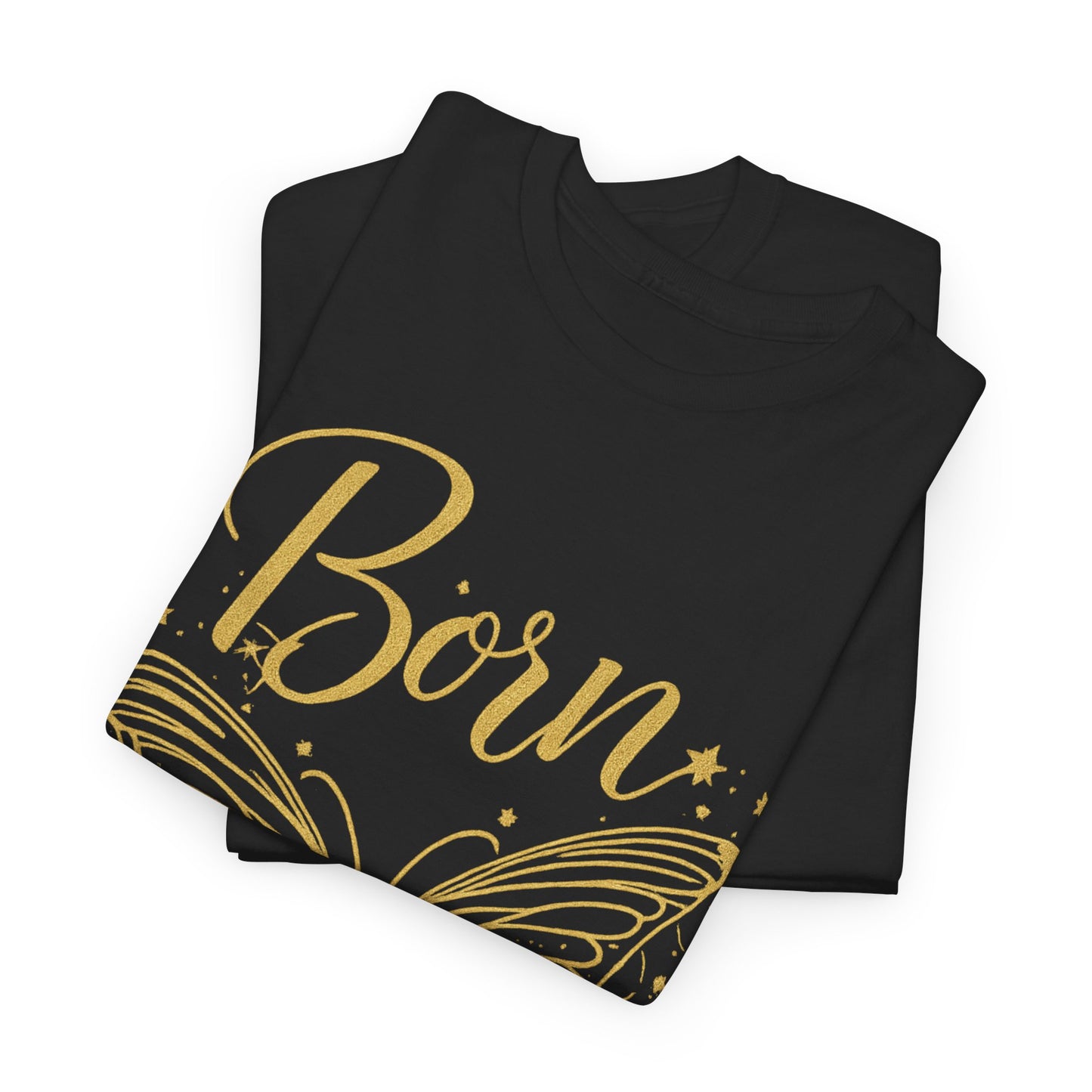 „Born to Shine“ T-Shirt – Damen Shirt mit goldfarbenem Schmetterling & handgeschriebenem Schriftzug