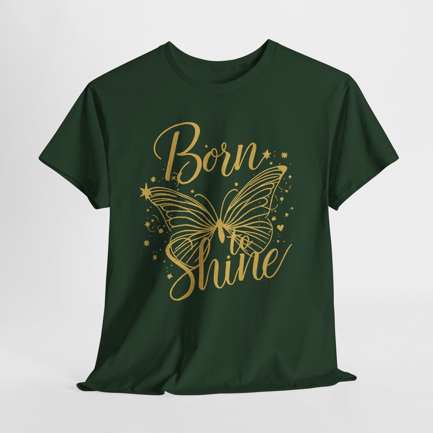 „Born to Shine“ T-Shirt – Damen Shirt mit goldfarbenem Schmetterling & handgeschriebenem Schriftzug