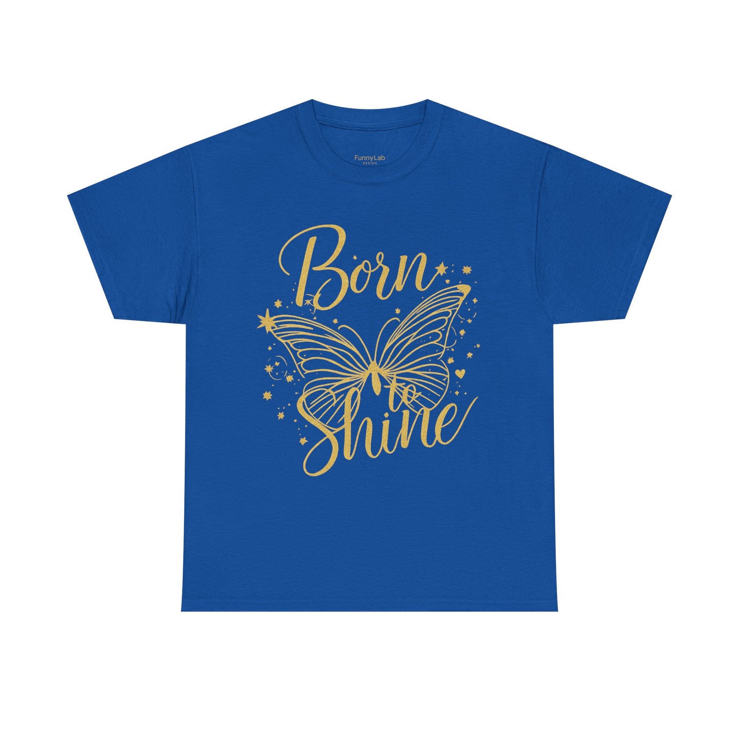 „Born to Shine“ T-Shirt – Damen Shirt mit goldfarbenem Schmetterling & handgeschriebenem Schriftzug
