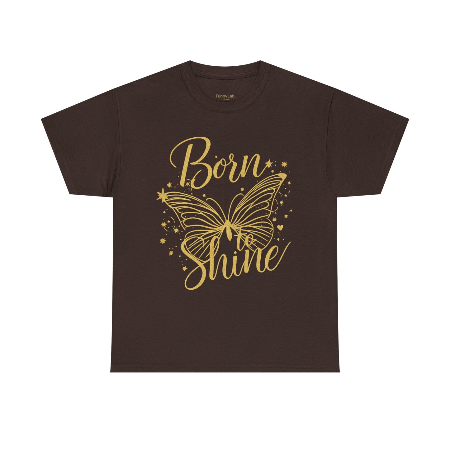 „Born to Shine“ T-Shirt – Damen Shirt mit goldfarbenem Schmetterling & handgeschriebenem Schriftzug