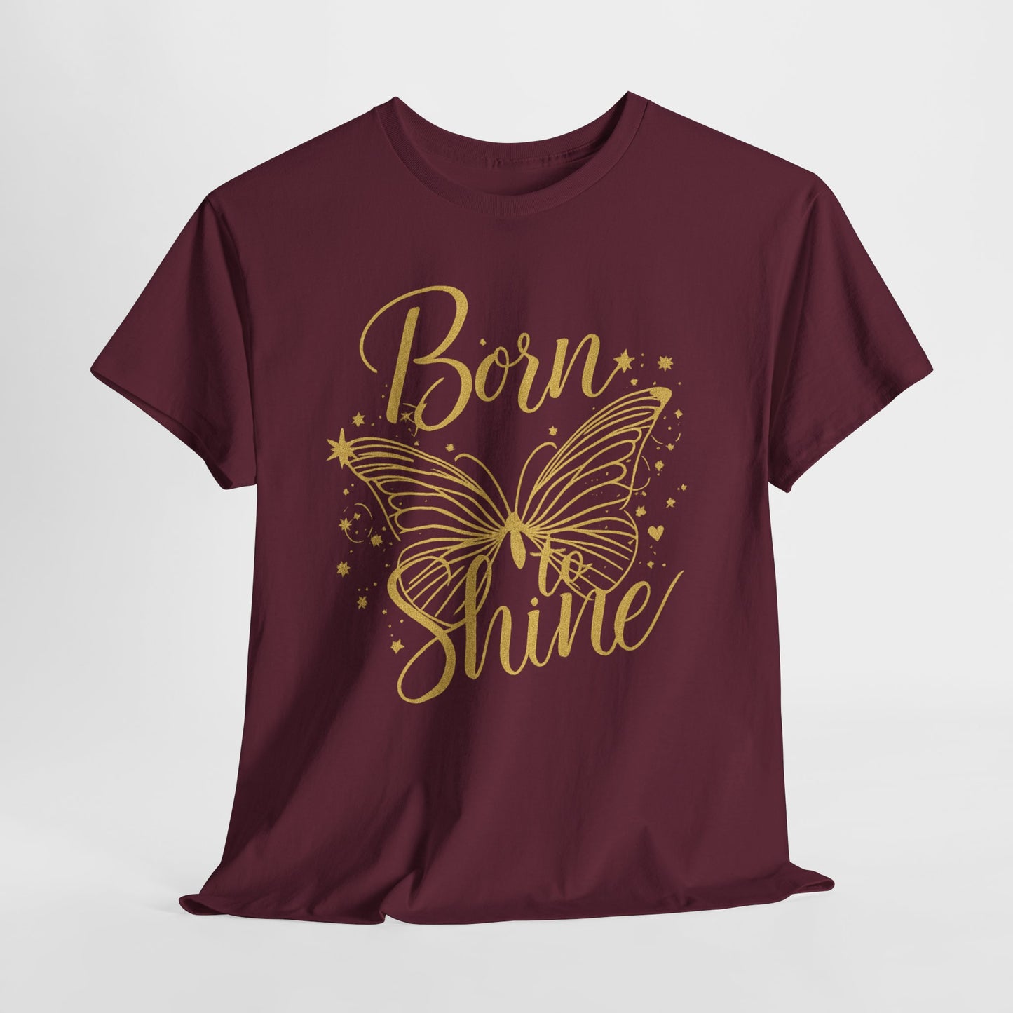 „Born to Shine“ T-Shirt – Damen Shirt mit goldfarbenem Schmetterling & handgeschriebenem Schriftzug
