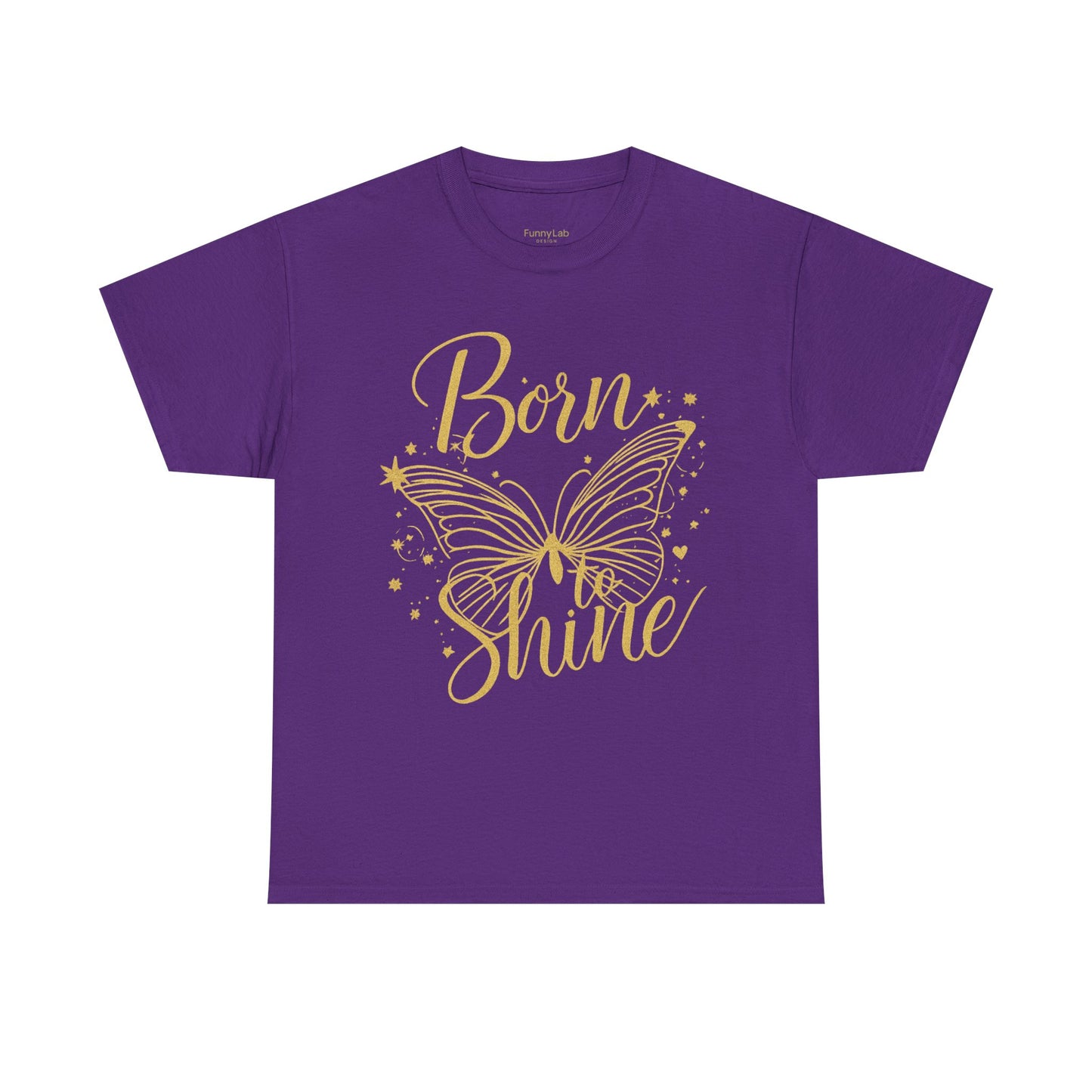„Born to Shine“ T-Shirt – Damen Shirt mit goldfarbenem Schmetterling & handgeschriebenem Schriftzug