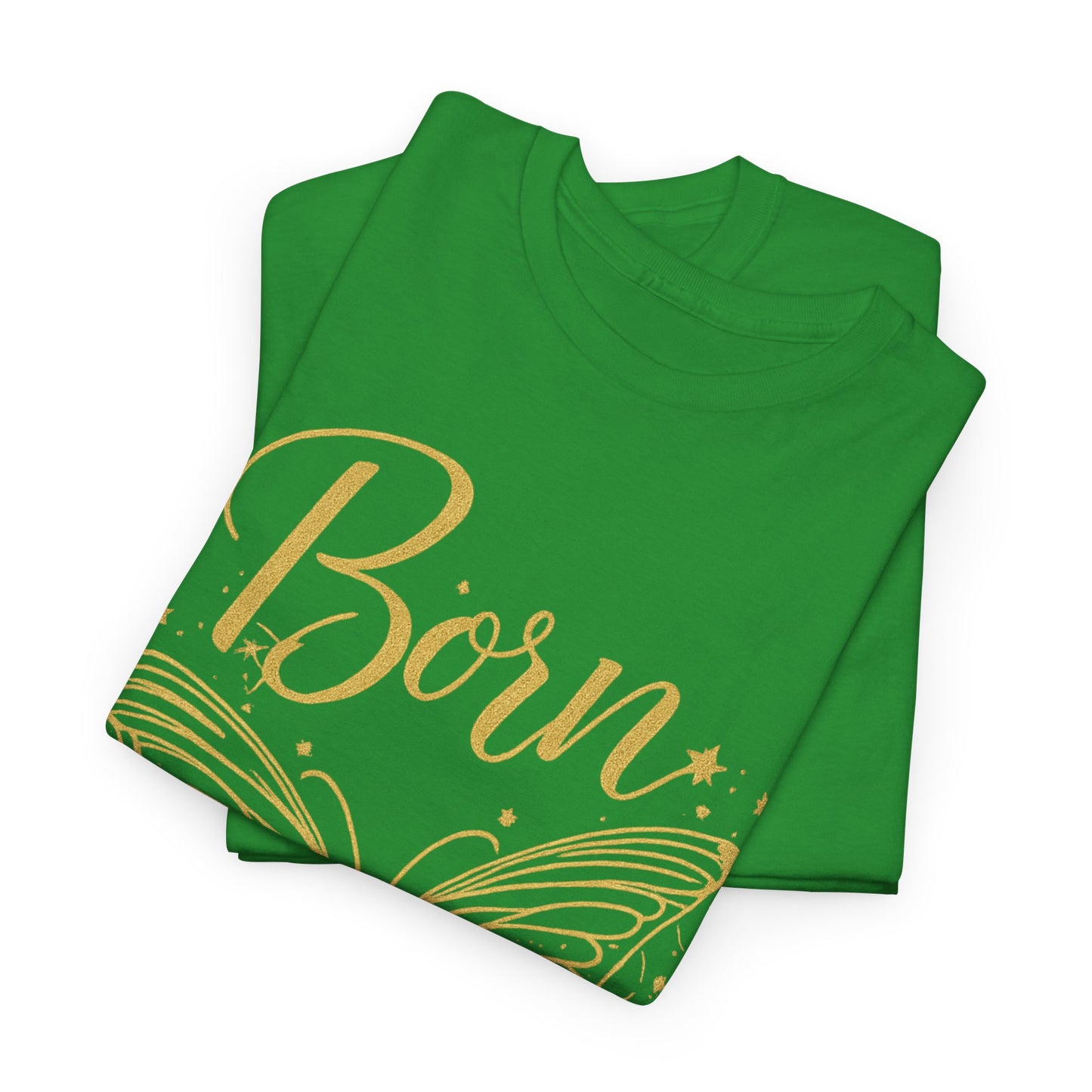 „Born to Shine“ T-Shirt – Damen Shirt mit goldfarbenem Schmetterling & handgeschriebenem Schriftzug