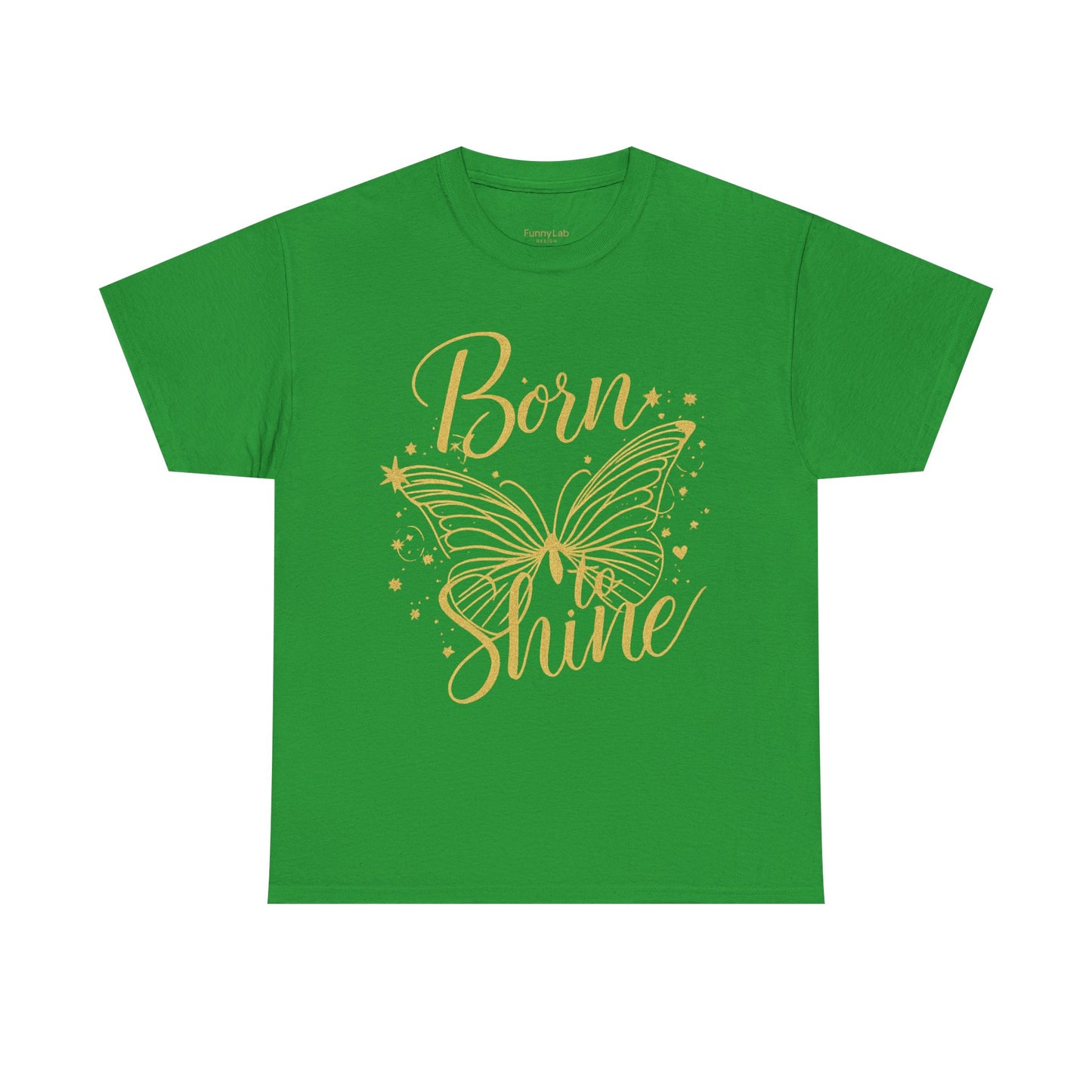 „Born to Shine“ T-Shirt – Damen Shirt mit goldfarbenem Schmetterling & handgeschriebenem Schriftzug