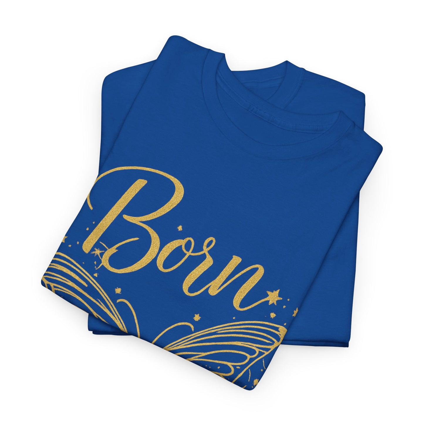 „Born to Shine“ T-Shirt – Damen Shirt mit goldfarbenem Schmetterling & handgeschriebenem Schriftzug