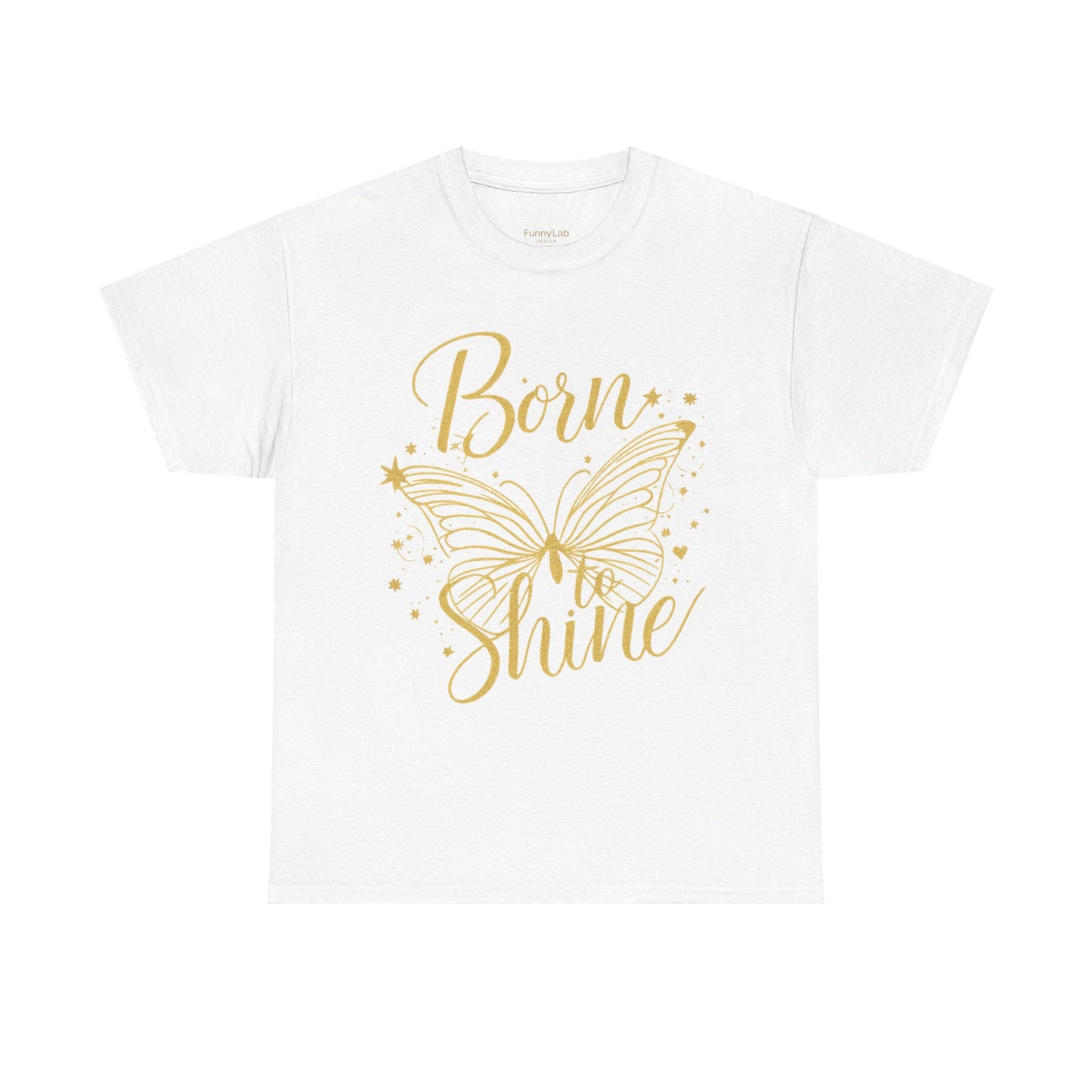 „Born to Shine“ T-Shirt – Damen Shirt mit goldfarbenem Schmetterling & handgeschriebenem Schriftzug