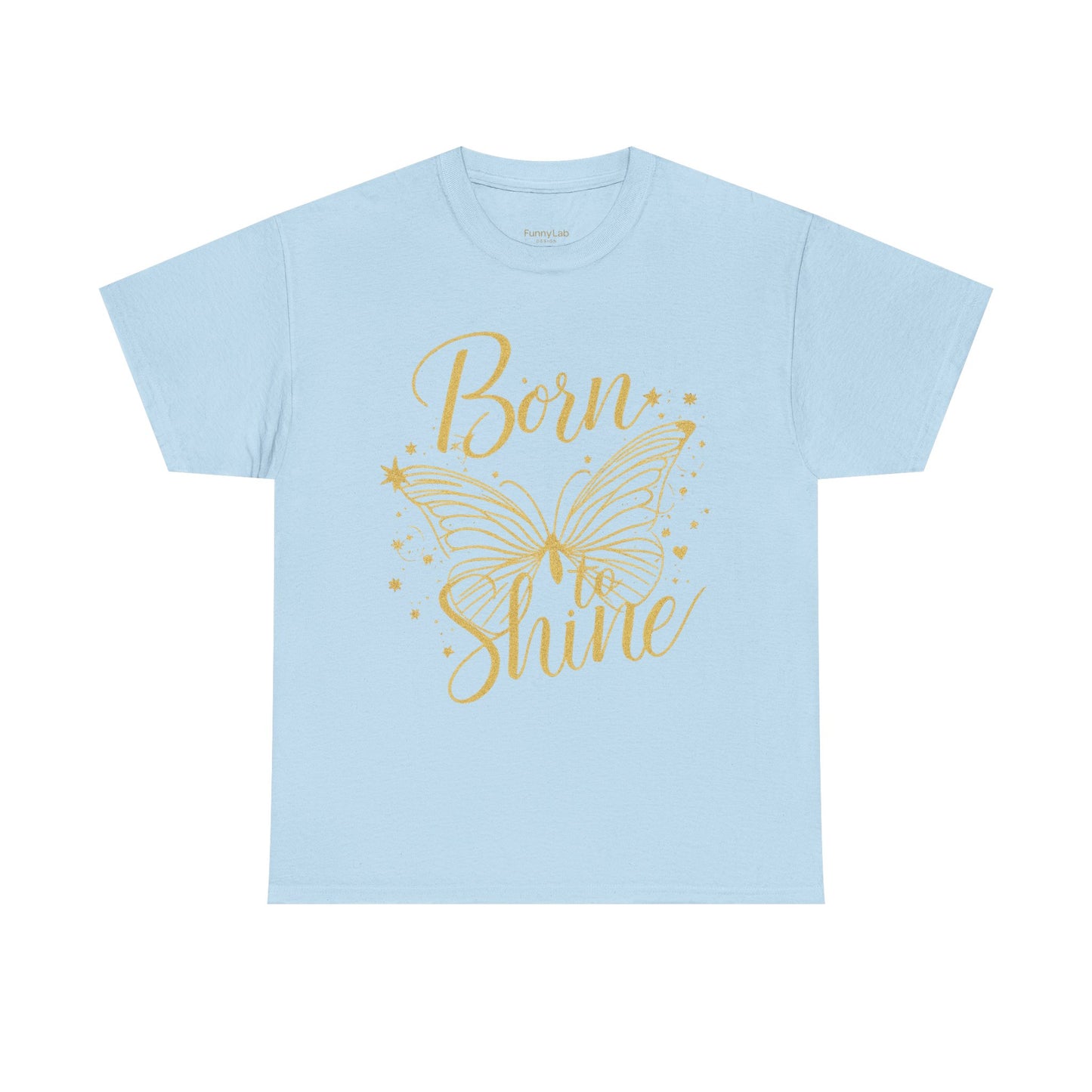 „Born to Shine“ T-Shirt – Damen Shirt mit goldfarbenem Schmetterling & handgeschriebenem Schriftzug