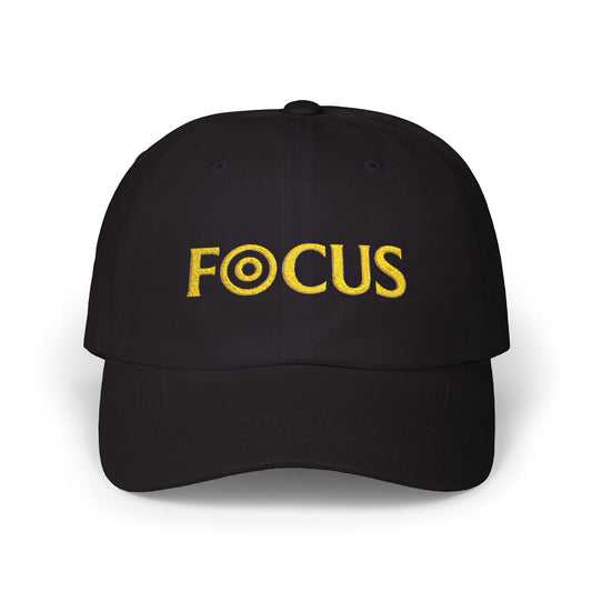 FOCUS Embroidered Dad Cap — White Baseball Hat with Yellow Target Logo