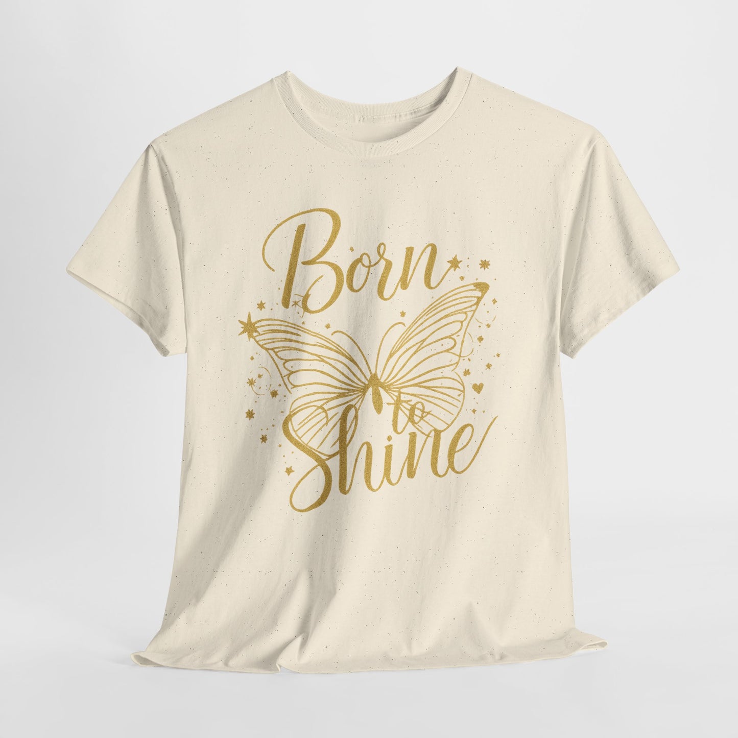 „Born to Shine“ T-Shirt – Damen Shirt mit goldfarbenem Schmetterling & handgeschriebenem Schriftzug