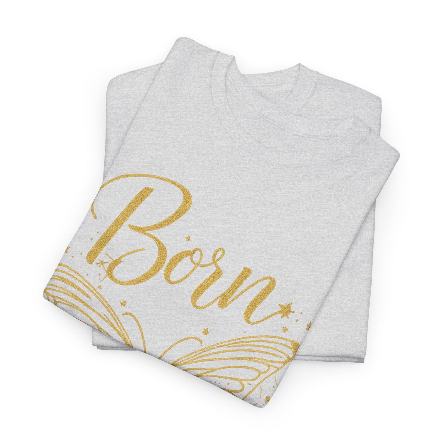 „Born to Shine“ T-Shirt – Damen Shirt mit goldfarbenem Schmetterling & handgeschriebenem Schriftzug