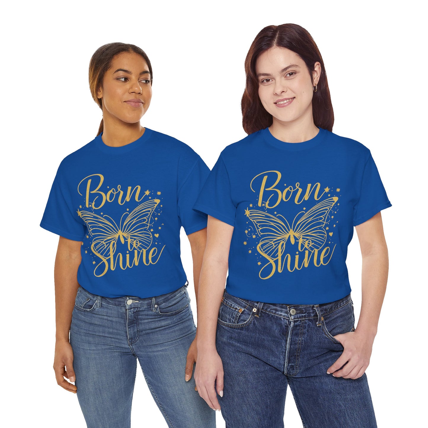 „Born to Shine“ T-Shirt – Damen Shirt mit goldfarbenem Schmetterling & handgeschriebenem Schriftzug