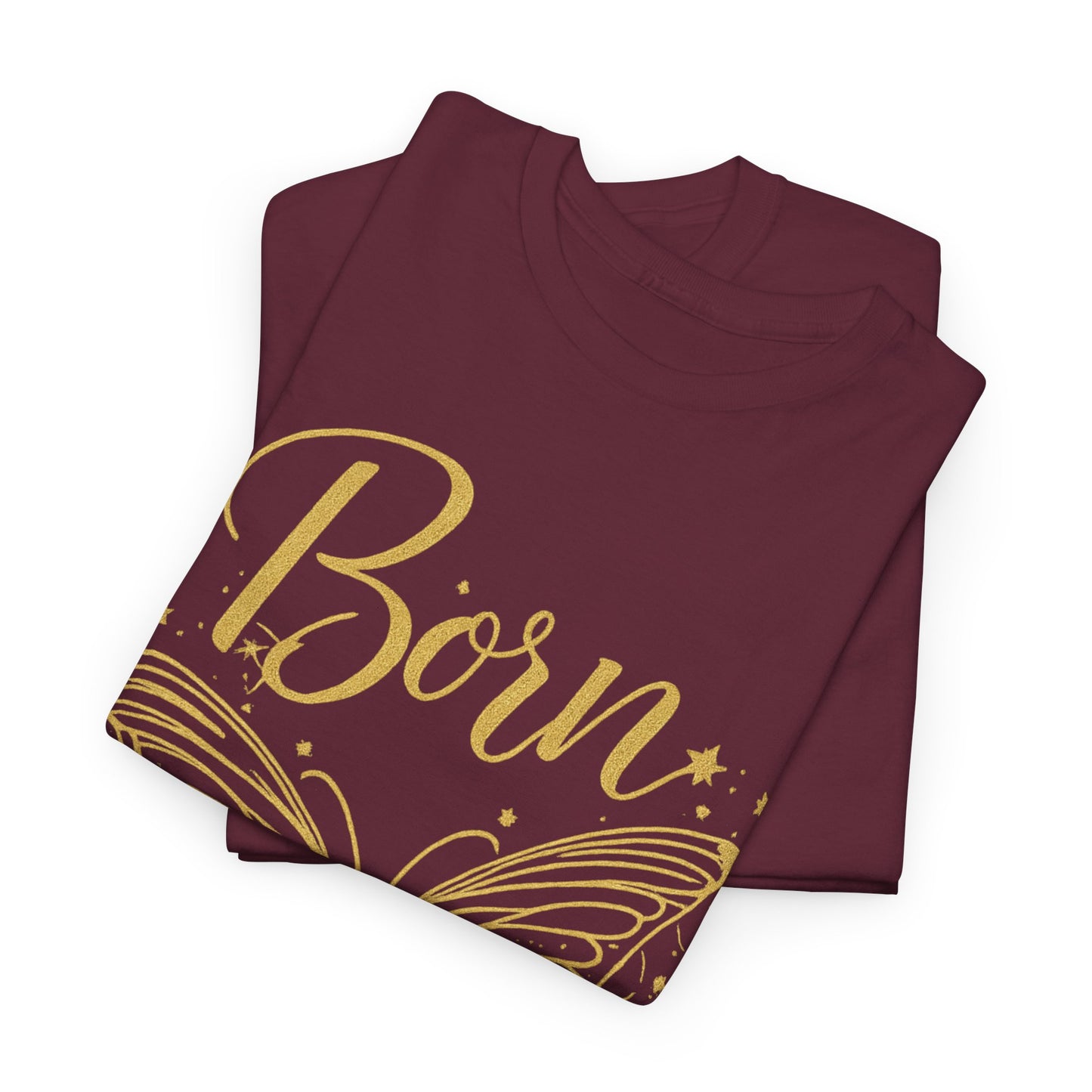„Born to Shine“ T-Shirt – Damen Shirt mit goldfarbenem Schmetterling & handgeschriebenem Schriftzug
