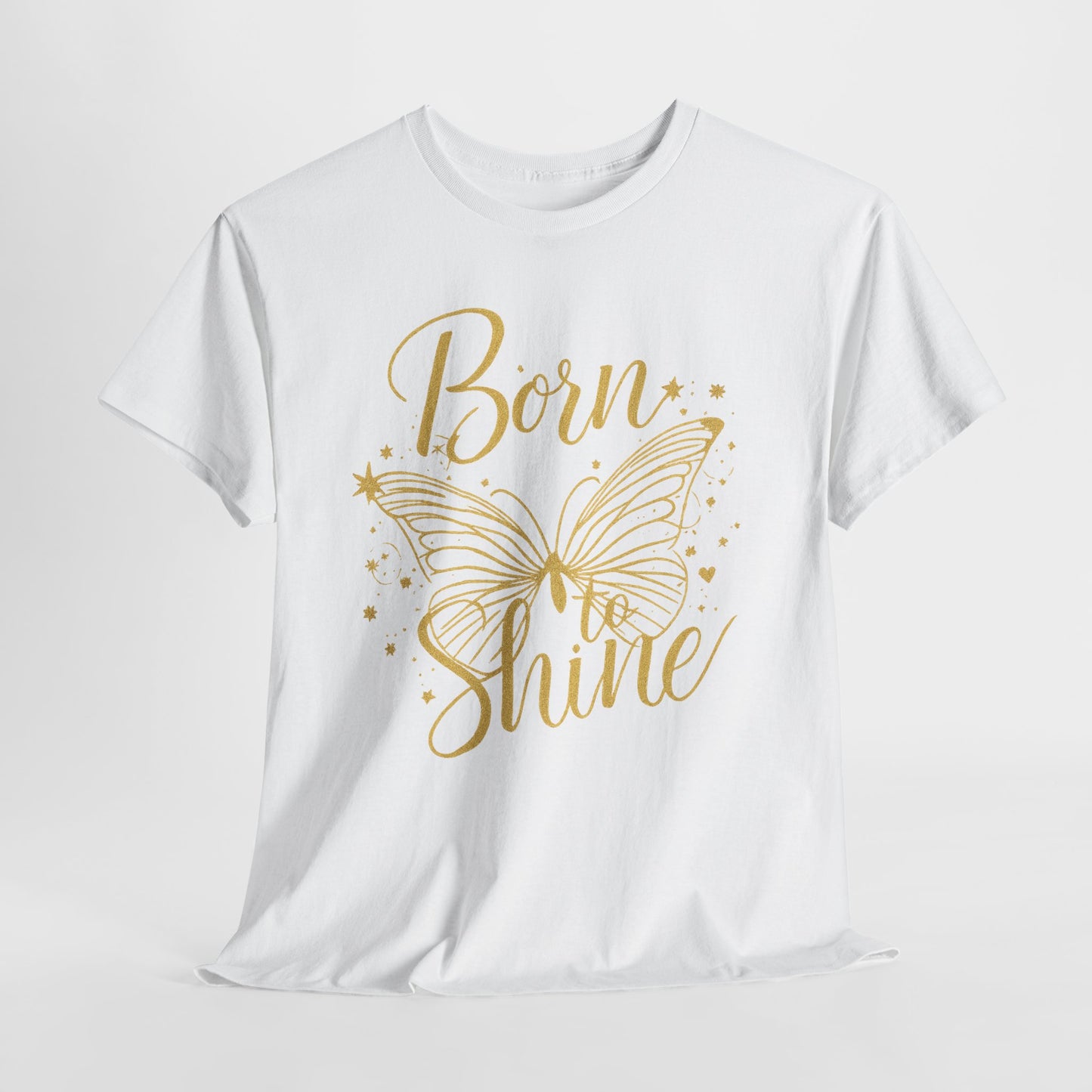 „Born to Shine“ T-Shirt – Damen Shirt mit goldfarbenem Schmetterling & handgeschriebenem Schriftzug