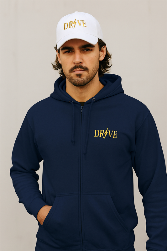 Drive Zip Hoodie — Minimal Gold Logo Full-Zip Hooded Sweatshirt