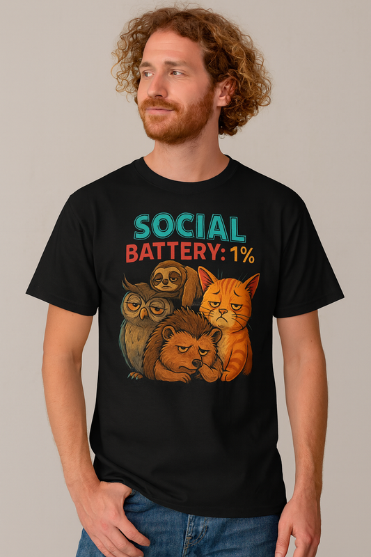 Social Battery 1% T‑Shirt — Cute Grumpy Animals Cat Owl Sloth Graphic Tee