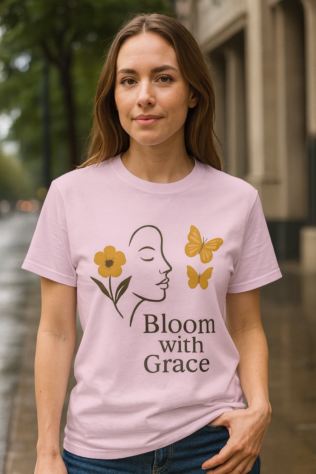 Bloom with Grace – Sanftes Vintage Damen T-Shirt mit Blumen & Schmetterlingen