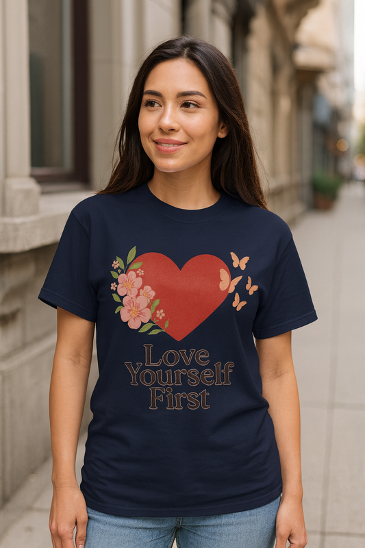 Love Yourself First – Feminines T-Shirt mit Herz-, Blumen- & Schmetterlingsdesign