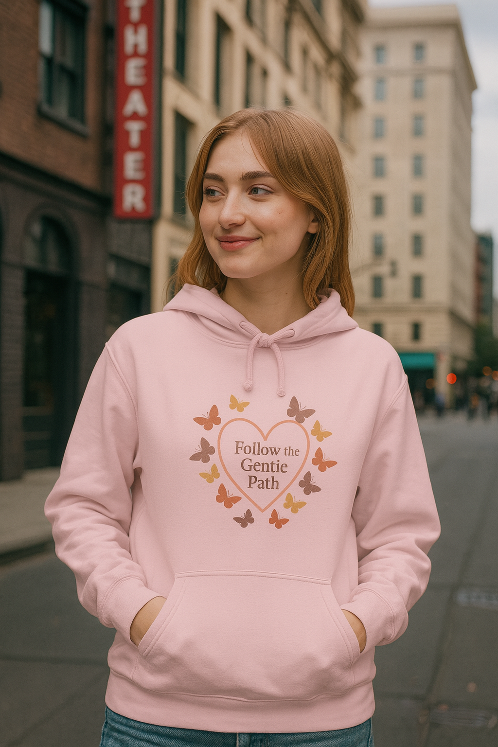 Follow the Gentle Path” – Weicher Hoodie mit Herz- und Schmetterlingsmotiv
