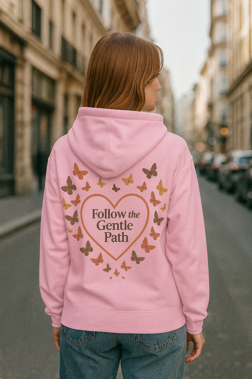 Follow the Gentle Path” – Weicher Hoodie mit Herz- und Schmetterlingsmotiv
