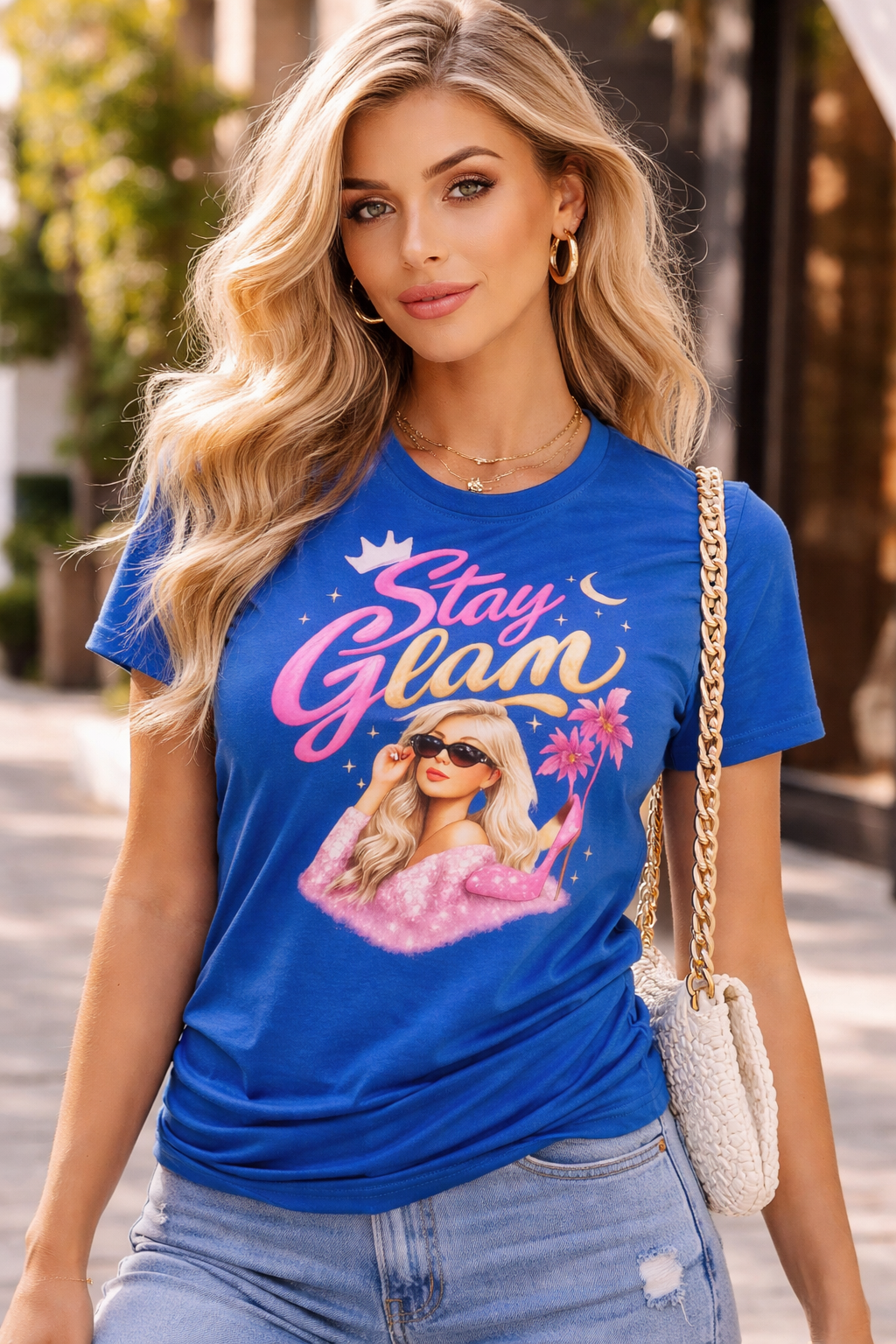 Stay Glam Graphic Tee — Retro Pink Blonde Fashionista Shirt
