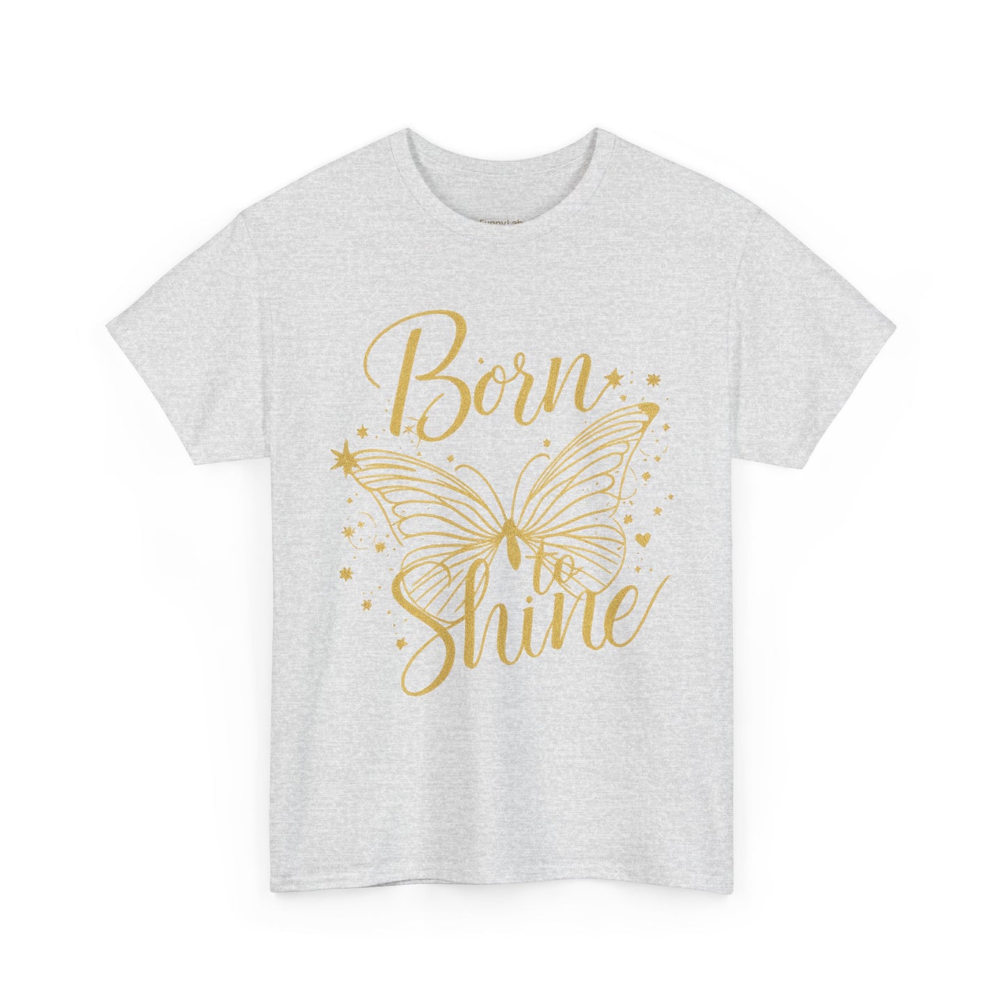 „Born to Shine“ T-Shirt – Damen Shirt mit goldfarbenem Schmetterling & handgeschriebenem Schriftzug