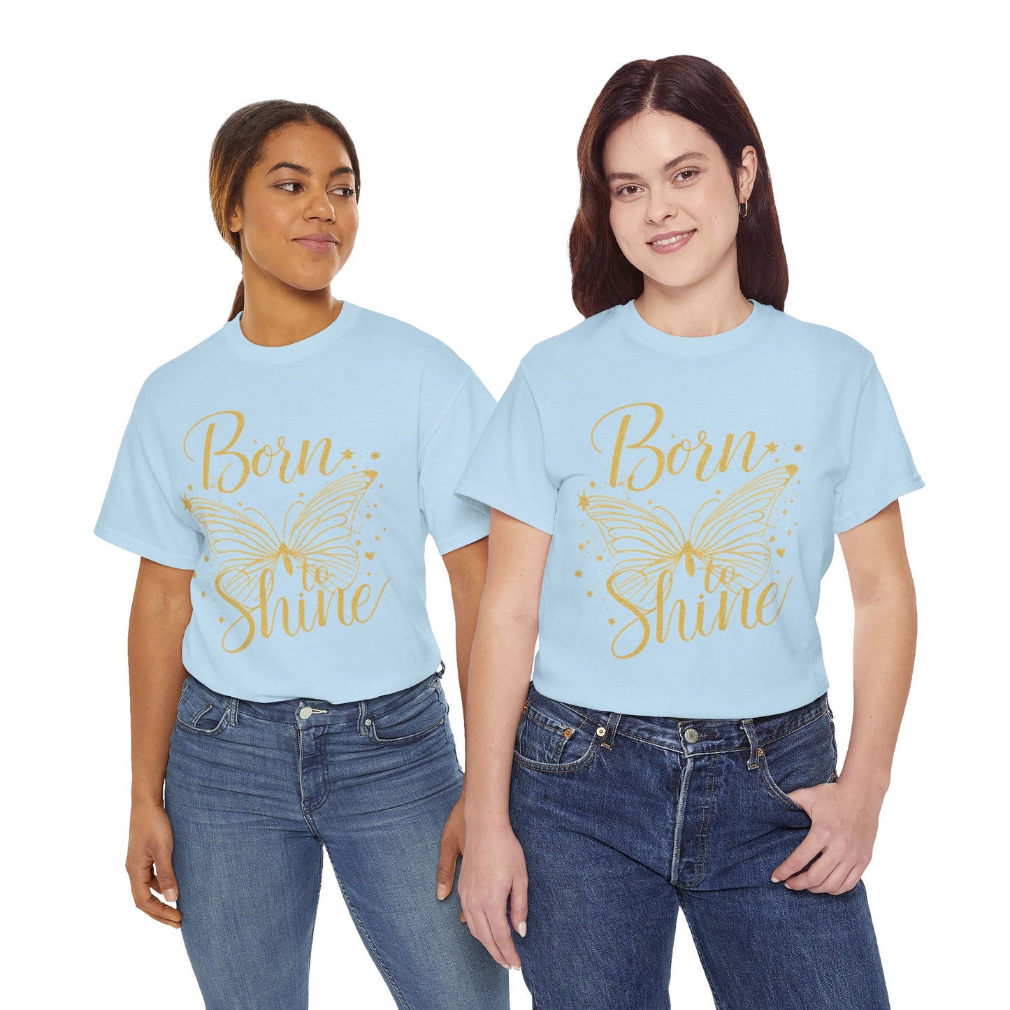 „Born to Shine“ T-Shirt – Damen Shirt mit goldfarbenem Schmetterling & handgeschriebenem Schriftzug