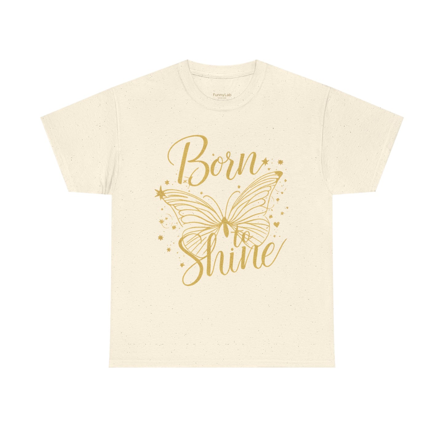 „Born to Shine“ T-Shirt – Damen Shirt mit goldfarbenem Schmetterling & handgeschriebenem Schriftzug