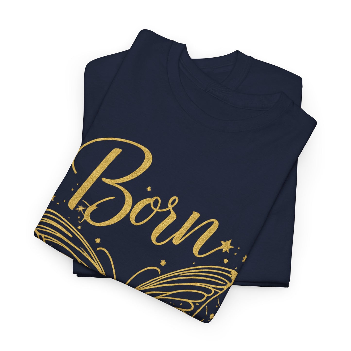 „Born to Shine“ T-Shirt – Damen Shirt mit goldfarbenem Schmetterling & handgeschriebenem Schriftzug