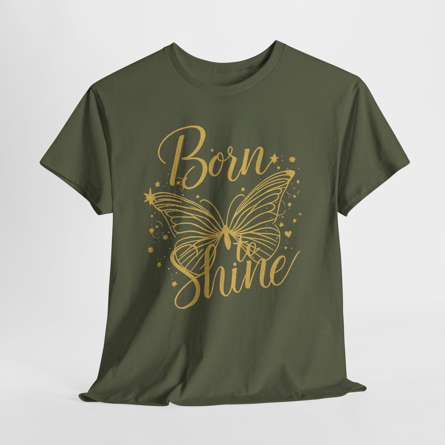 „Born to Shine“ T-Shirt – Damen Shirt mit goldfarbenem Schmetterling & handgeschriebenem Schriftzug