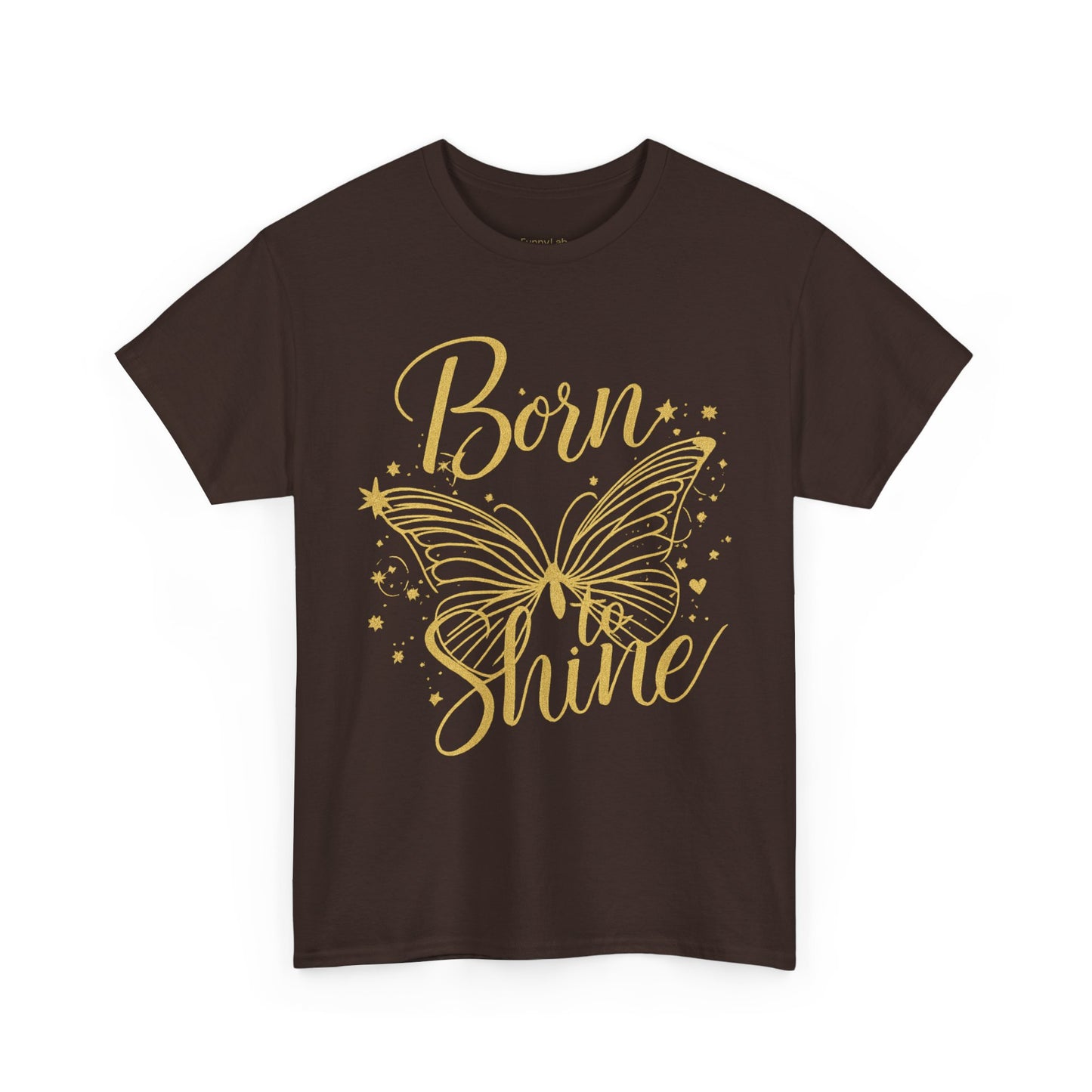 „Born to Shine“ T-Shirt – Damen Shirt mit goldfarbenem Schmetterling & handgeschriebenem Schriftzug