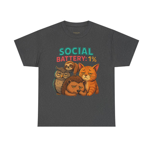 Social Battery 1% T‑Shirt — Cute Grumpy Animals Cat Owl Sloth Graphic Tee