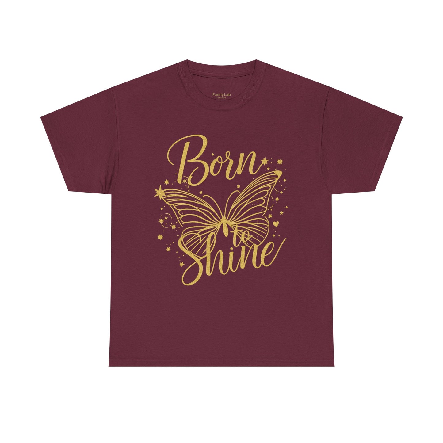 „Born to Shine“ T-Shirt – Damen Shirt mit goldfarbenem Schmetterling & handgeschriebenem Schriftzug