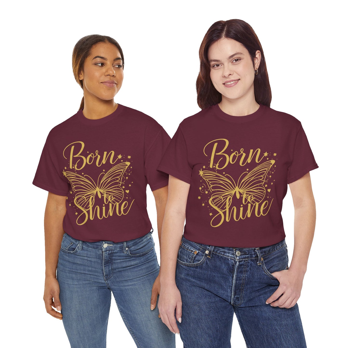 „Born to Shine“ T-Shirt – Damen Shirt mit goldfarbenem Schmetterling & handgeschriebenem Schriftzug