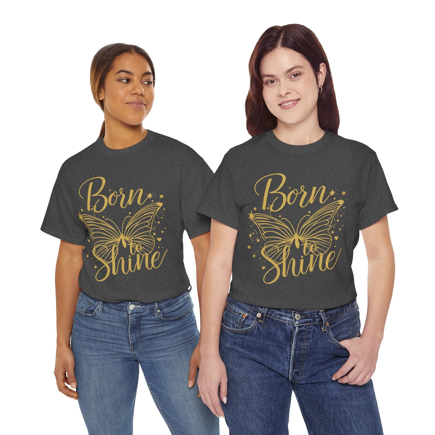 „Born to Shine“ T-Shirt – Damen Shirt mit goldfarbenem Schmetterling & handgeschriebenem Schriftzug