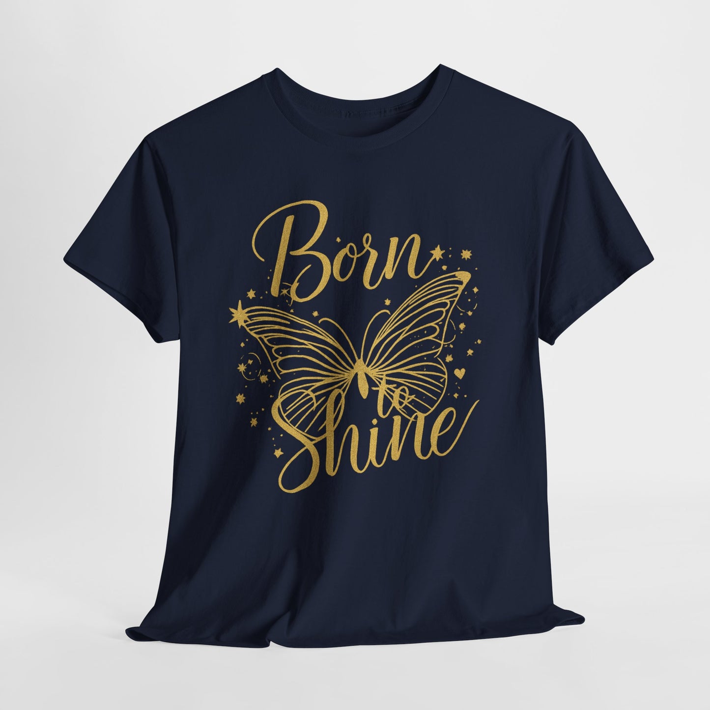 „Born to Shine“ T-Shirt – Damen Shirt mit goldfarbenem Schmetterling & handgeschriebenem Schriftzug
