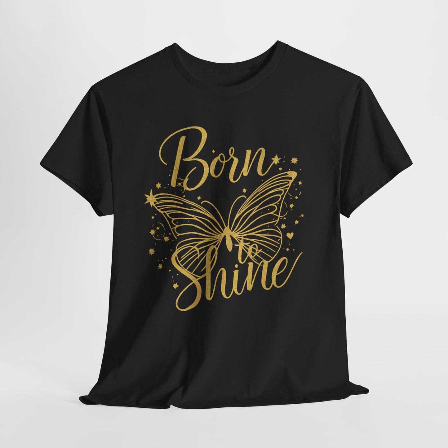 „Born to Shine“ T-Shirt – Damen Shirt mit goldfarbenem Schmetterling & handgeschriebenem Schriftzug
