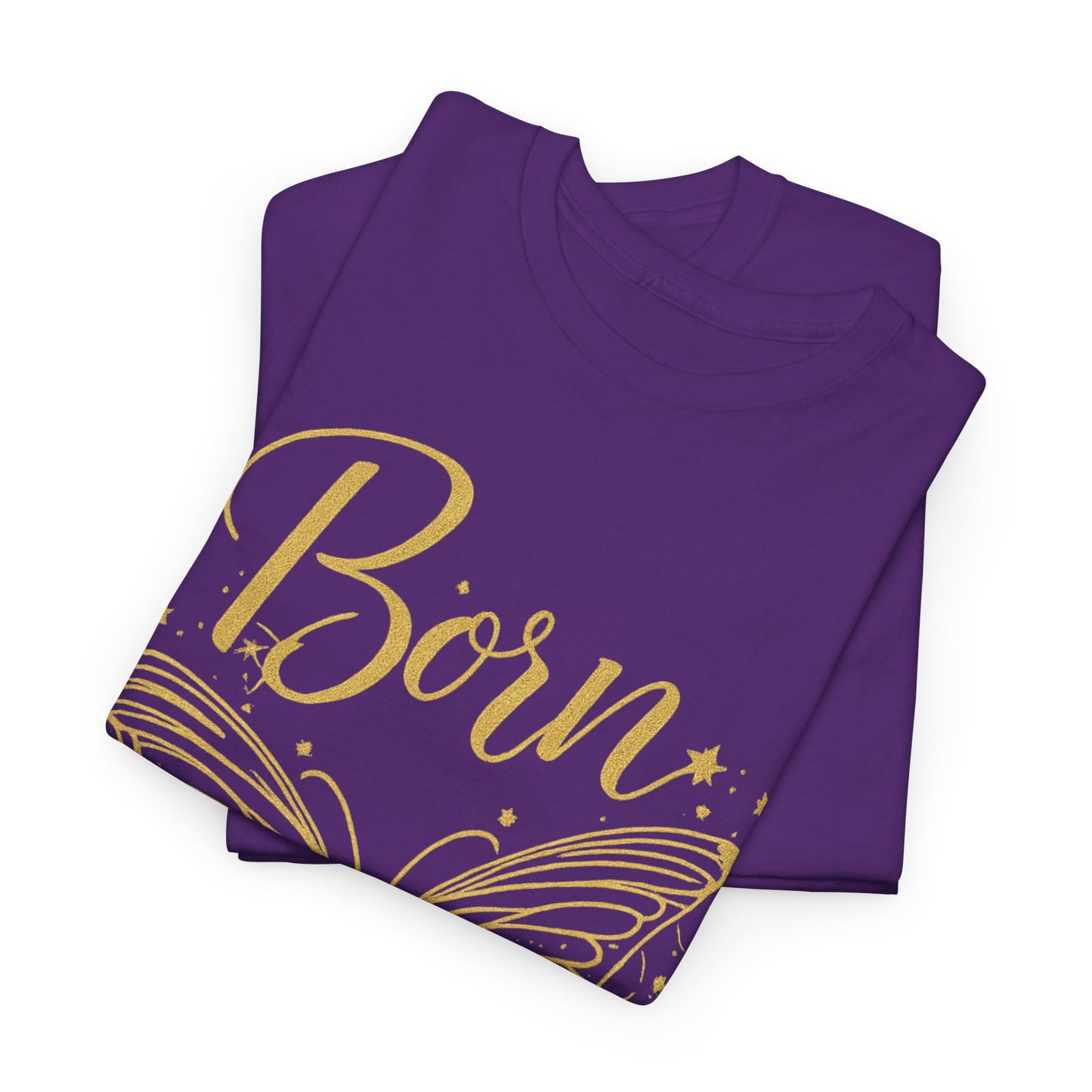 „Born to Shine“ T-Shirt – Damen Shirt mit goldfarbenem Schmetterling & handgeschriebenem Schriftzug