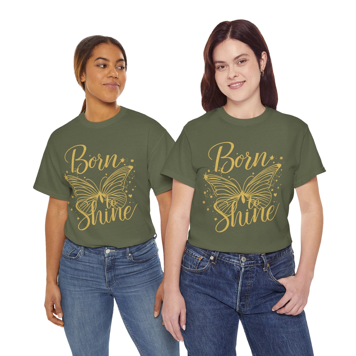 „Born to Shine“ T-Shirt – Damen Shirt mit goldfarbenem Schmetterling & handgeschriebenem Schriftzug