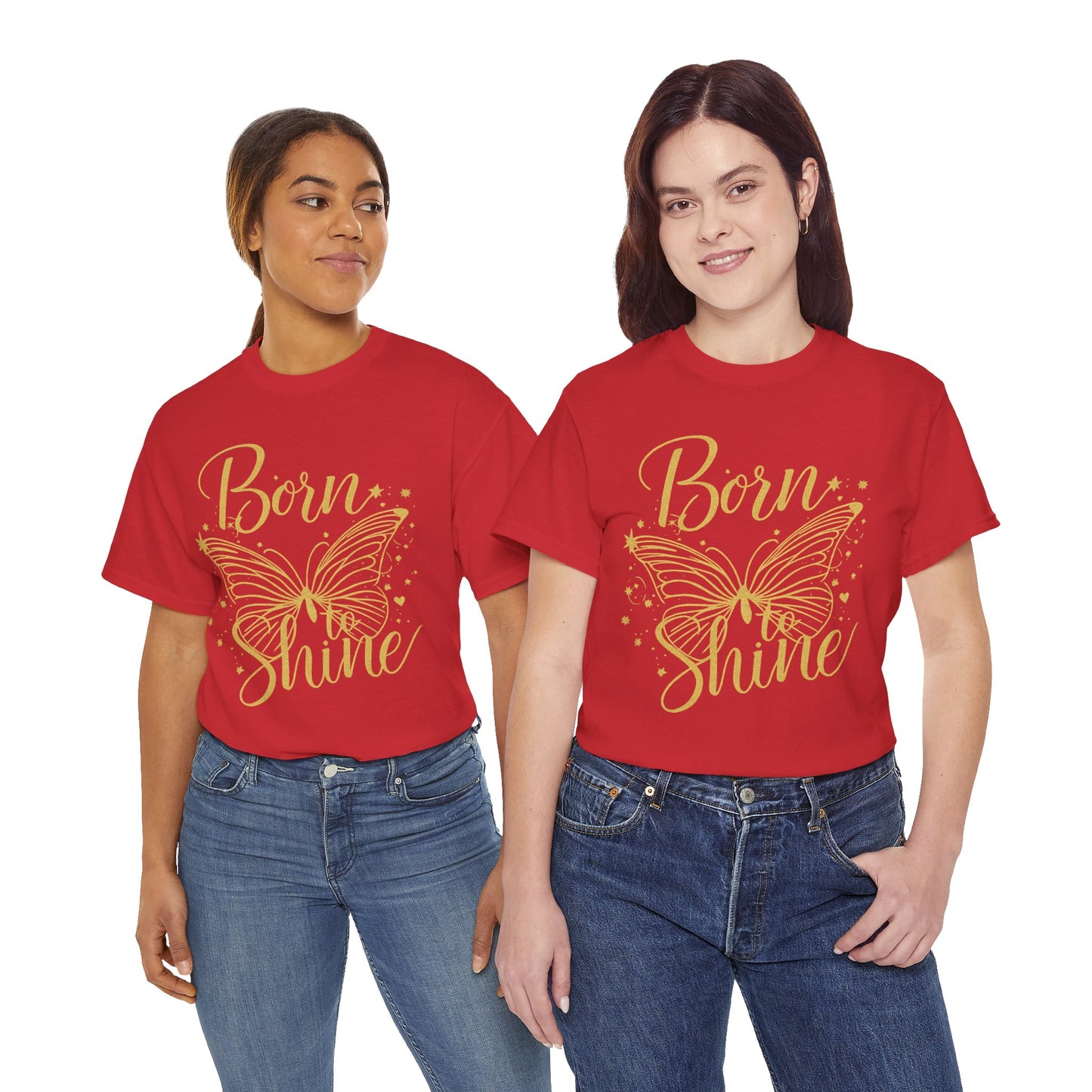 „Born to Shine“ T-Shirt – Damen Shirt mit goldfarbenem Schmetterling & handgeschriebenem Schriftzug