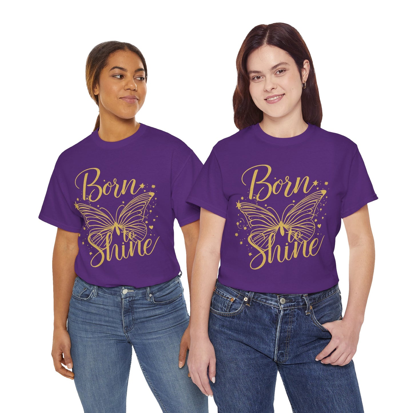 „Born to Shine“ T-Shirt – Damen Shirt mit goldfarbenem Schmetterling & handgeschriebenem Schriftzug