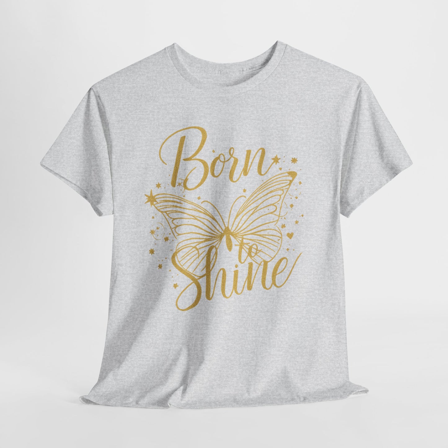 „Born to Shine“ T-Shirt – Damen Shirt mit goldfarbenem Schmetterling & handgeschriebenem Schriftzug